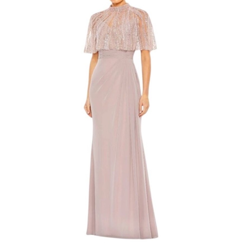 MAC DUGGAL Rose Sleeveless Pleated Spaghetti Strap Evening Gown MISSING Cape